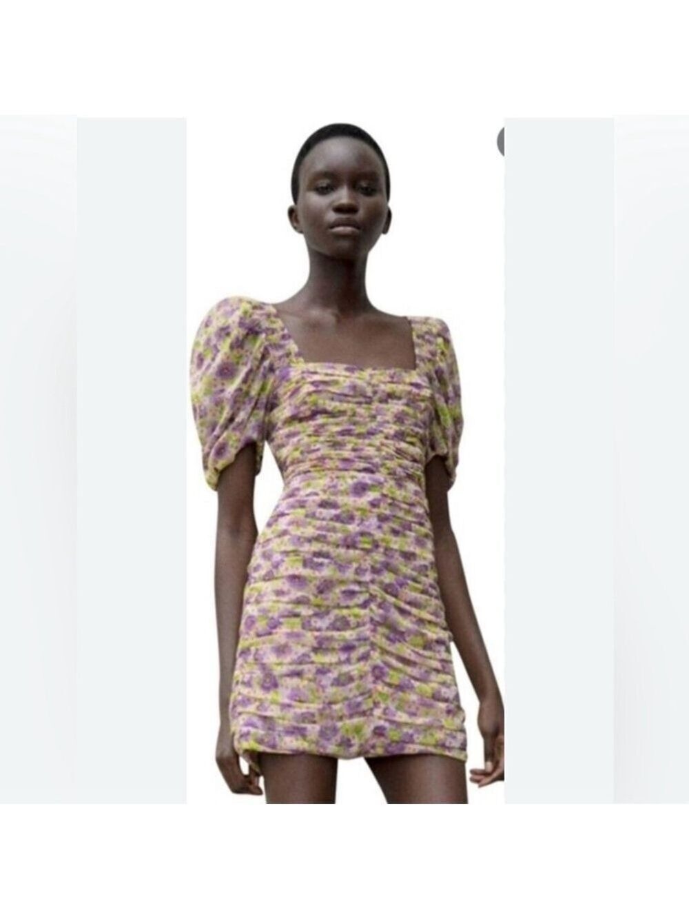 zara purple floral puff sleeve chiffon ruched mini dress square neck size S NWT